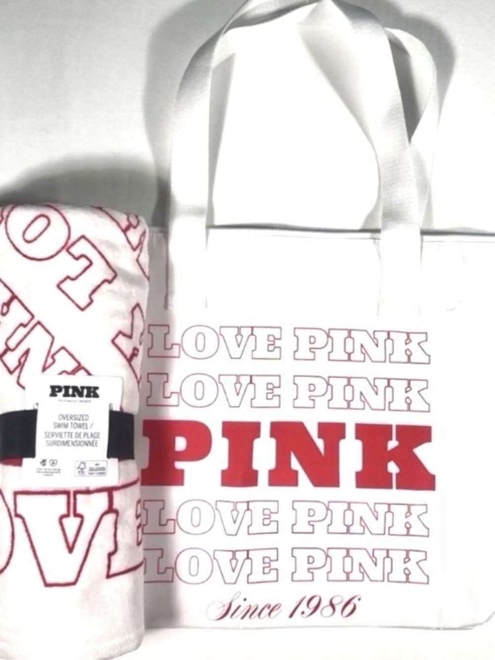 PINK Victoria's Secret White Tote with Red 'LOVE PINK' Logo